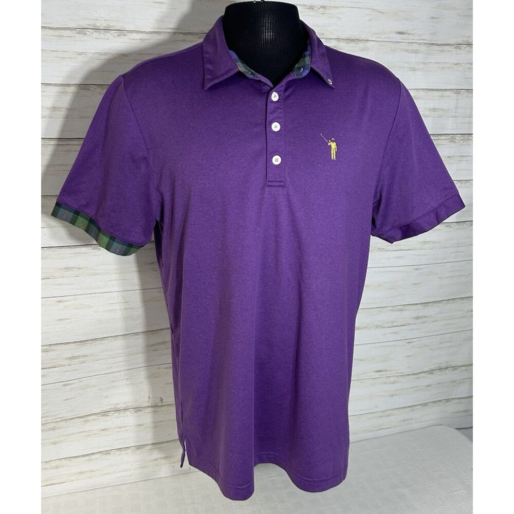 William Murray Purple Tartan Plaid Trim Size L Men Polo Golf Shirt Short Sleeve